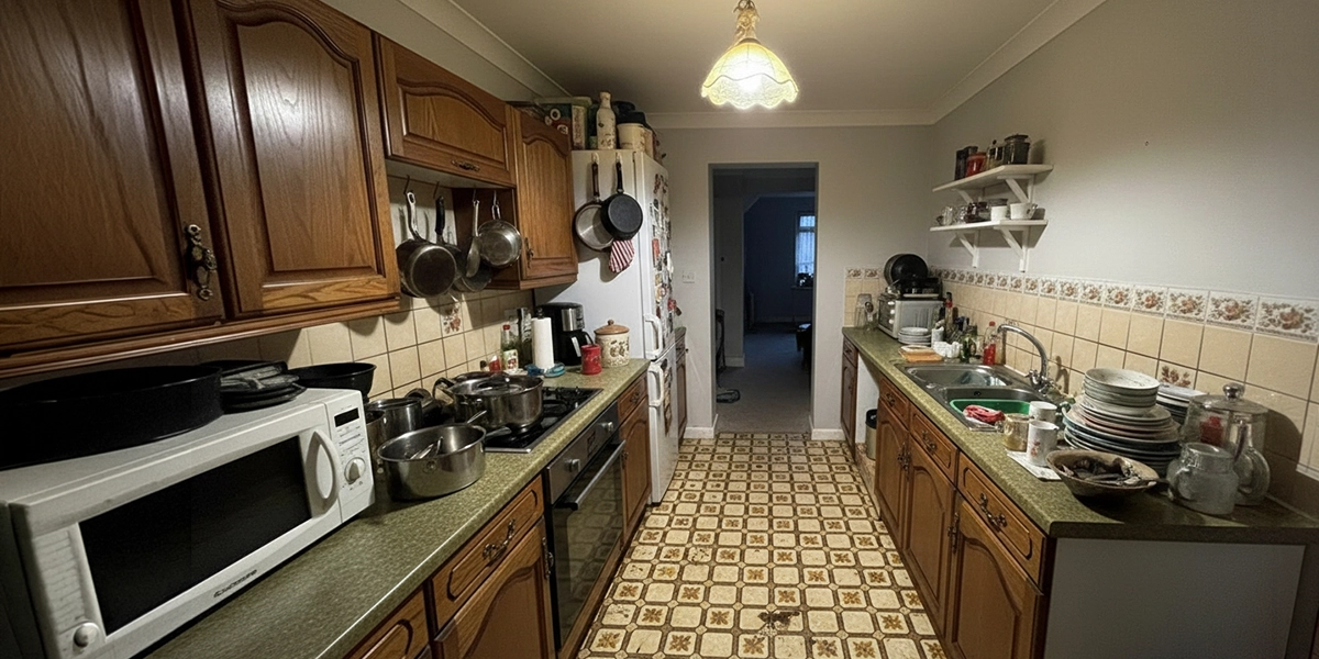 Before: Cramped 1990s galley kitchen