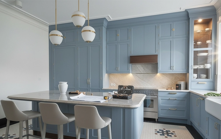 Shaker-style kitchen with painted cabinets and stone worktops